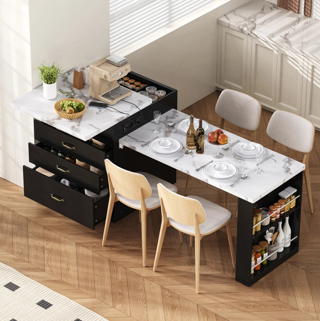 Tavolo da cucina allungabile nero con LED, prese e ruote
