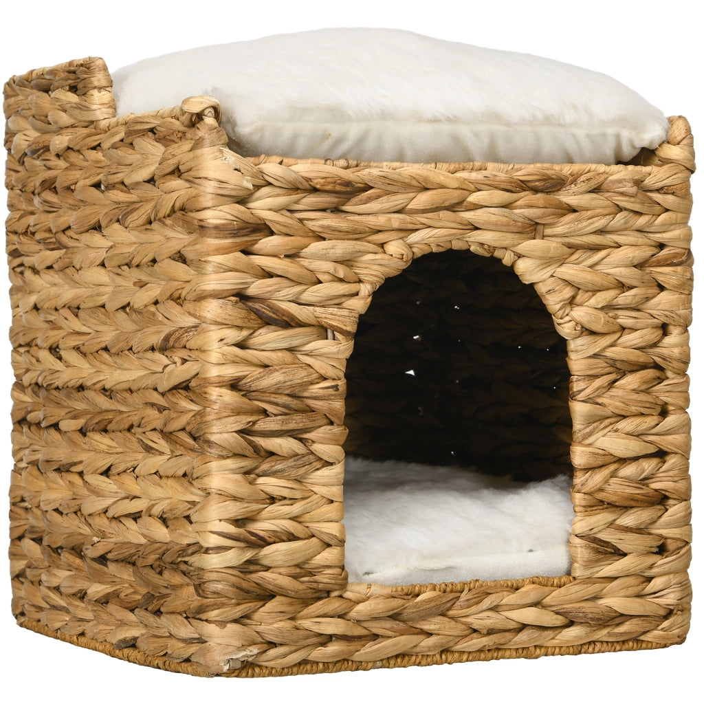 Tana per gatti in rattan e giacinto d'acqua, marrone, 2 livelli con cuscino, fino a 5 kg