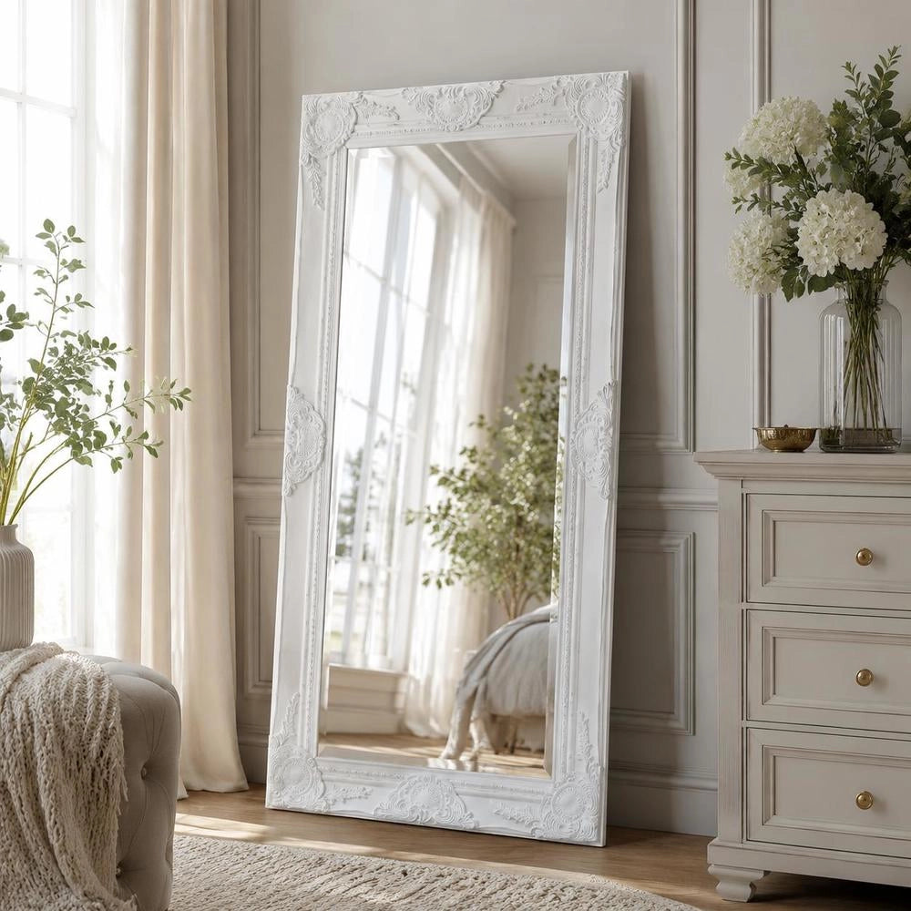 Baroque-style Wall Mirror, 100x50 Cm, White