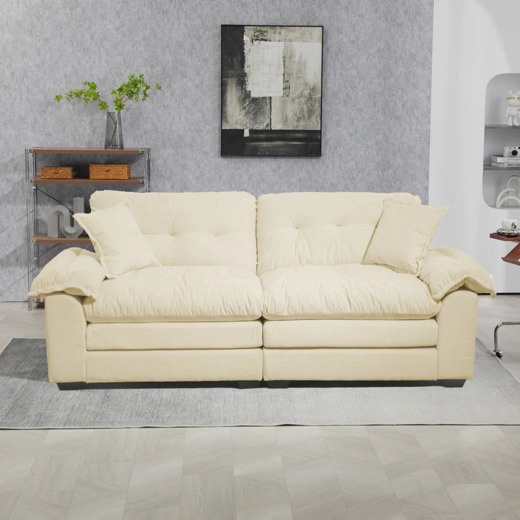 Divano dritto 2 pezzi con sedute profonde, cuscini e poltrona girevole, in tessuto chenille beige