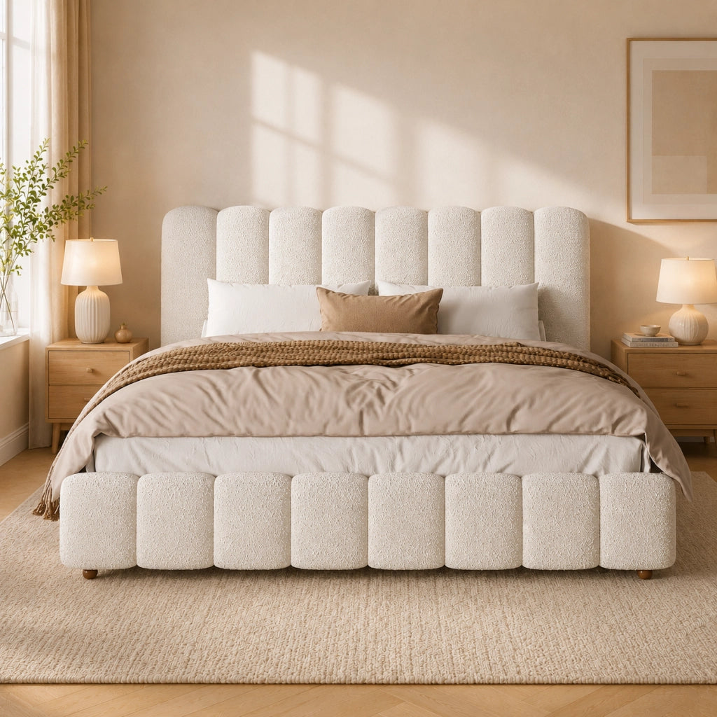 Letto matrimoniale imbottito 180 x 200 cm; rete a doghe; testiera imbottita; piedini in legno massello; boucl  ; bianco