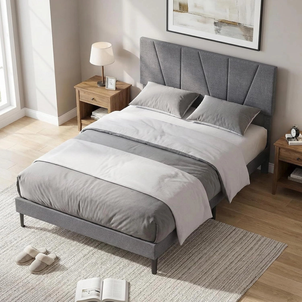 Struttura Letto Matrimoniale, Letto Piattaforma Rivestito in Lino con Testiera Regolabile in Altezza, Doghe in Legno a Supporto del Materasso, Silenzioso (200x140 cm)