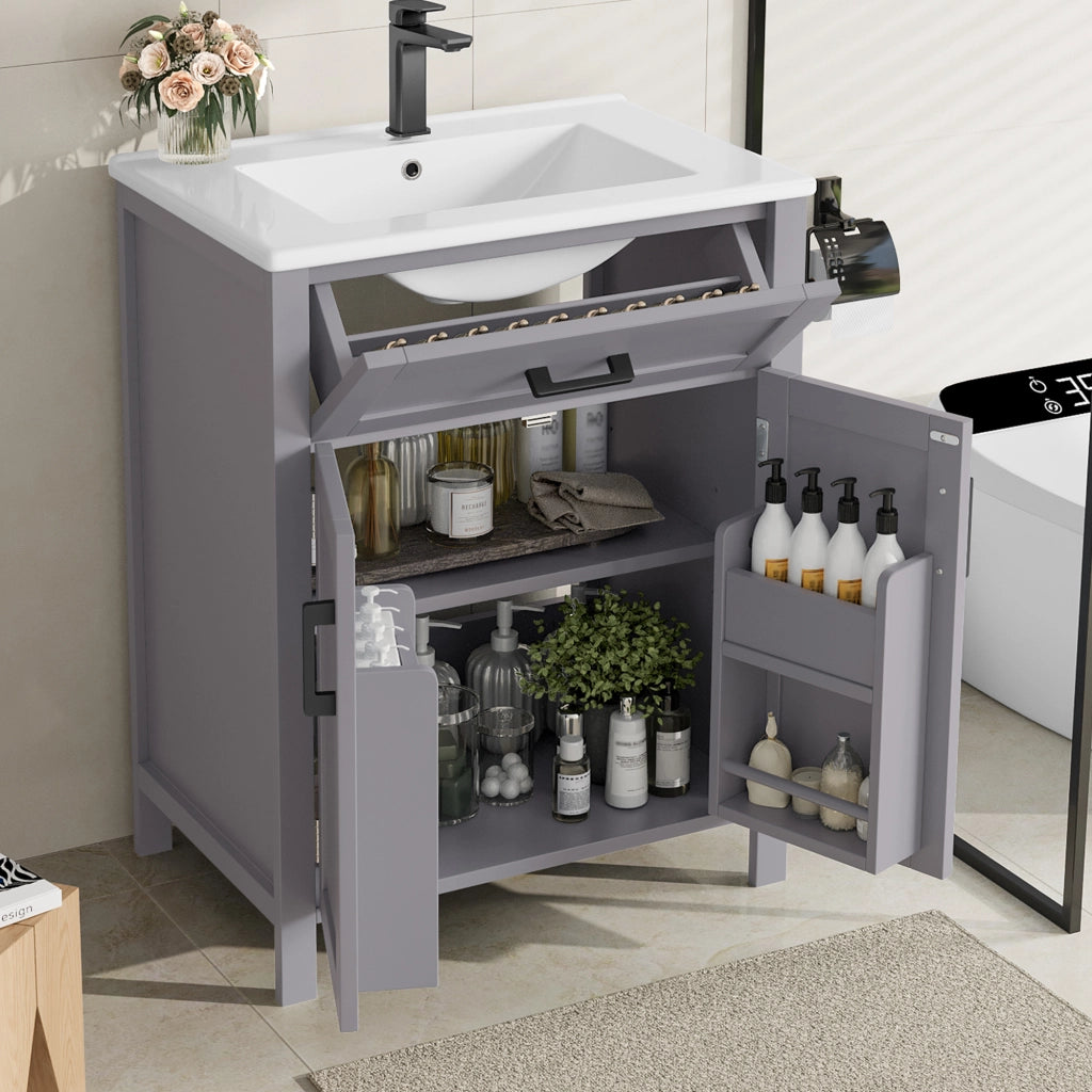 Mobile sottolavabo freestanding con lavabo in ceramica, ante doppie, cassetto reversibile e ripiano regolabile grigio 60 × 46 × 84,8 cm