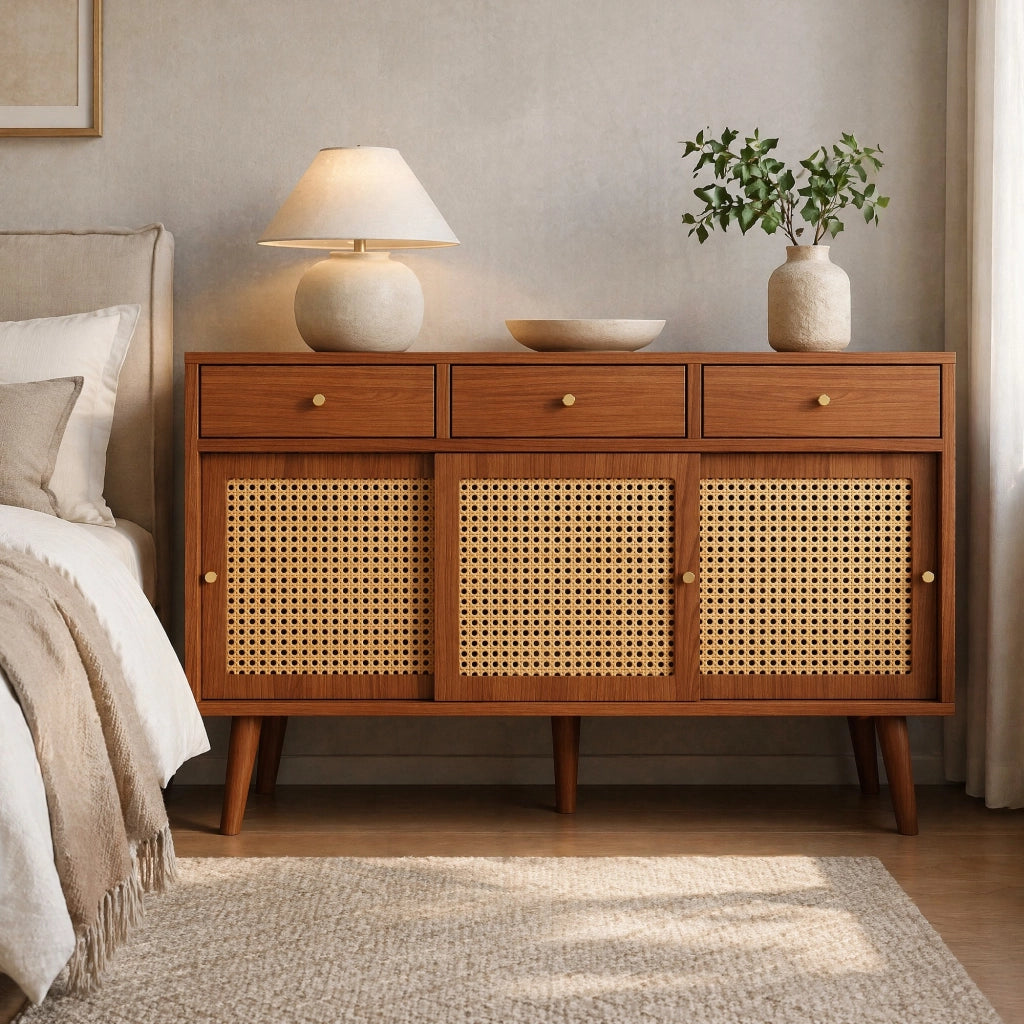 Credenza con 3 cassetti e 3 ante scorrevoli, struttura in MDF noce con impugnature in metallo dorato, ripiani regolabili, 120x40x78 cm