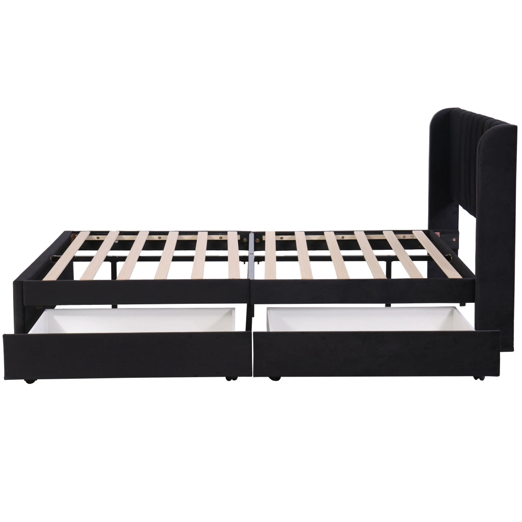 Letto con Cassetti 140x200 cm; Letto Matrimoniale - Testiera Alta e 2 Cassetti - Nero