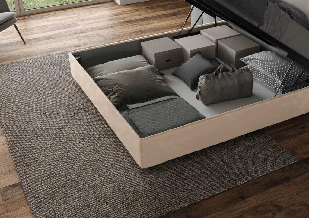 BS COM Letto matrimoniale king size contenitore imbottito 170x210 microfibra sabbia