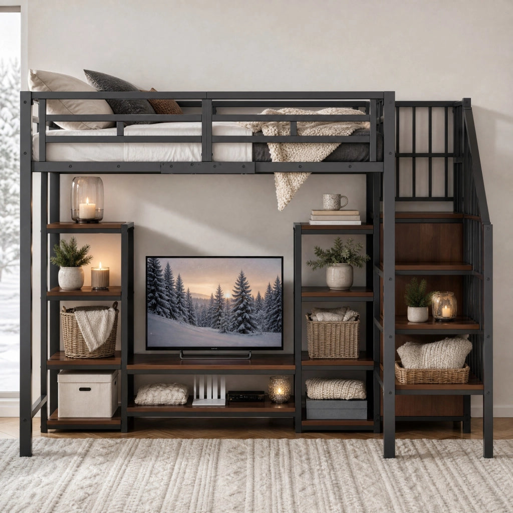 Letto a soppalco 90x200 cm nero con supporto TV e presa