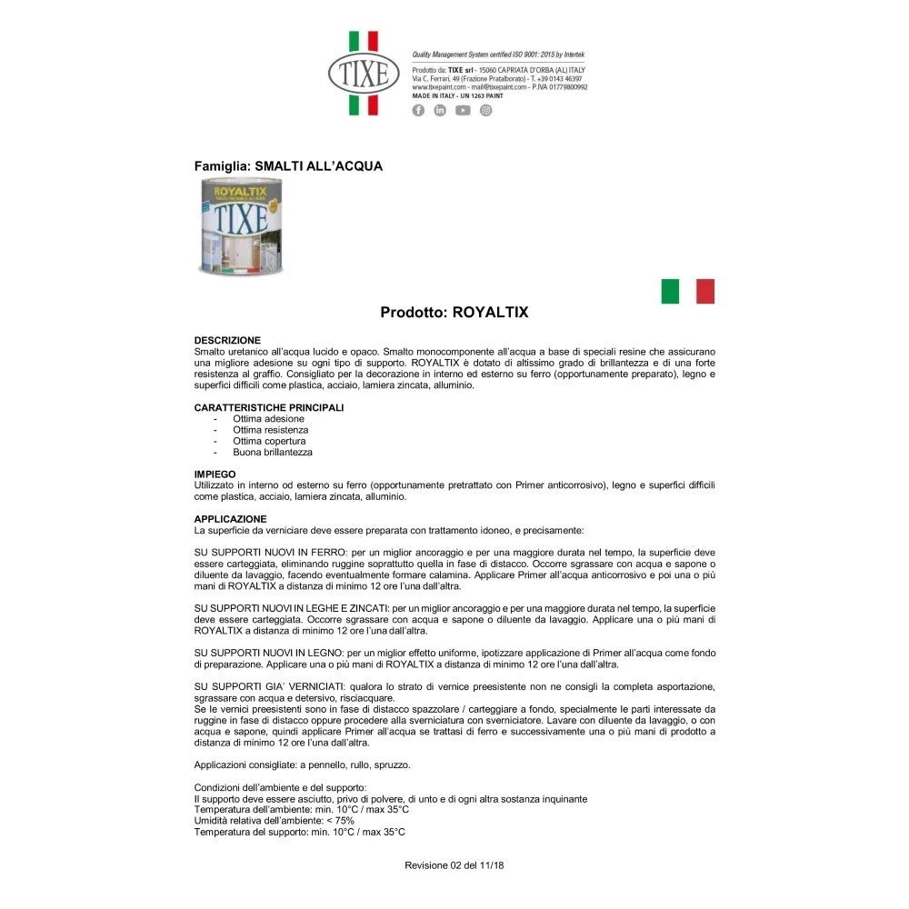 Royaltix 750ml, tutti i ral serie 8000, smalto all' acqua vernice diretta su lamiera, acciaio e alluminio, brillantezza
