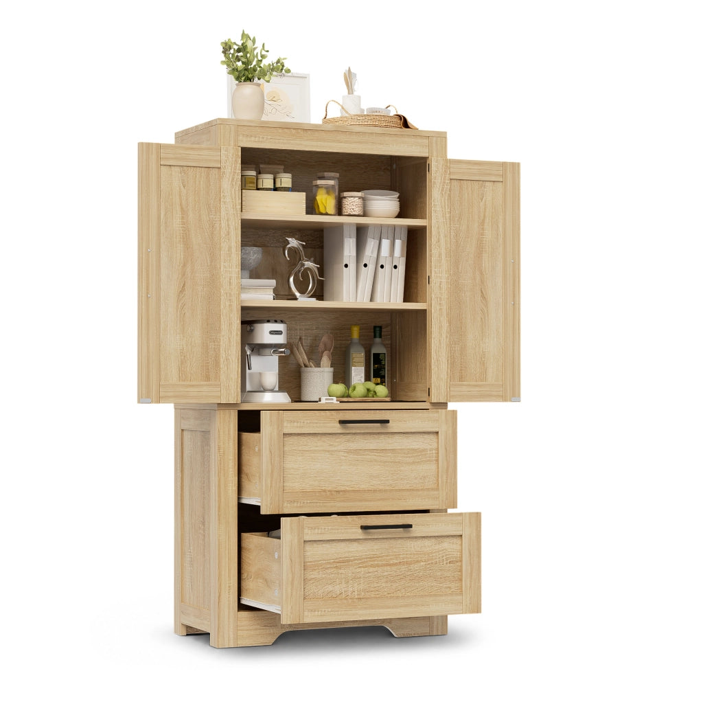 Mobile cucina stile country in legno naturale con 2 cassetti e ripiani regolabili, armadio laterale con anta a doghe, 60x30x128 cm