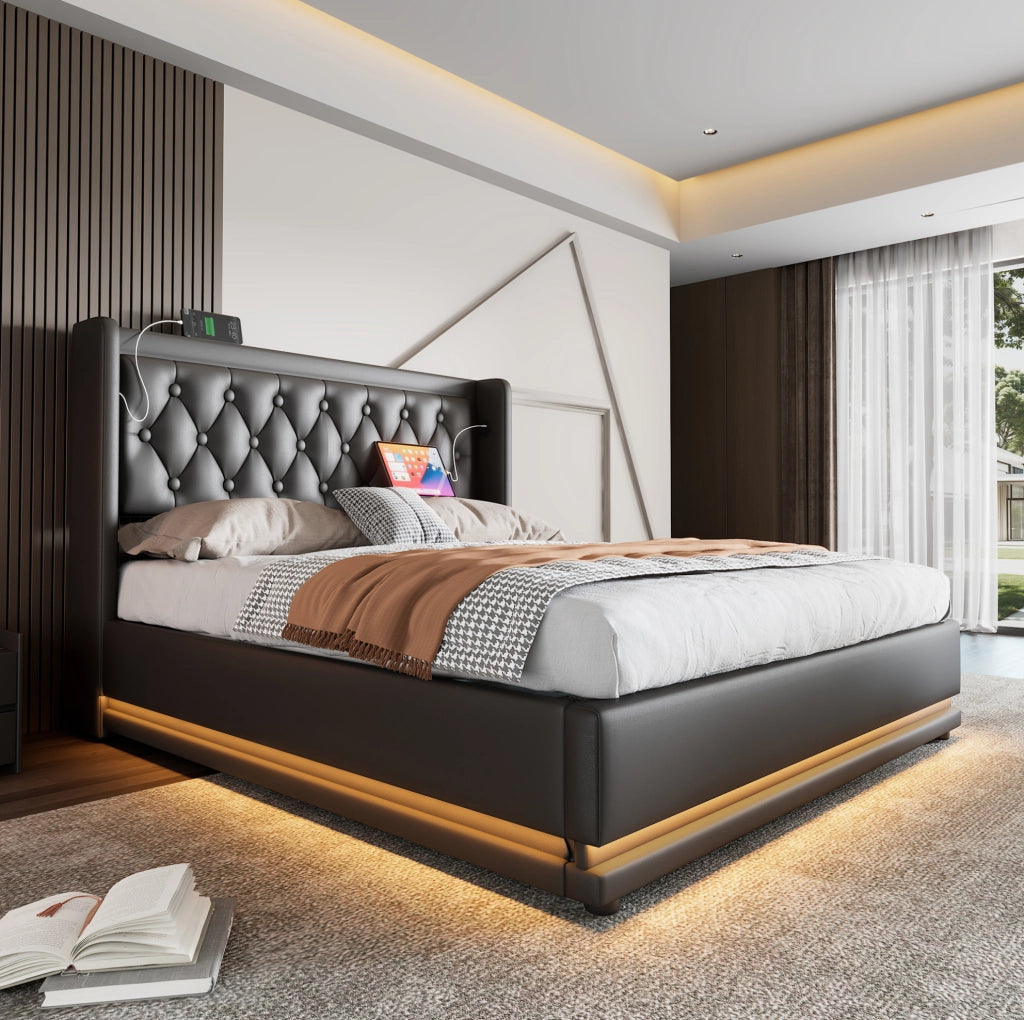Letto matrimoniale contenitore 180 × 200 cm con LED; USB e USB-C; PU nero