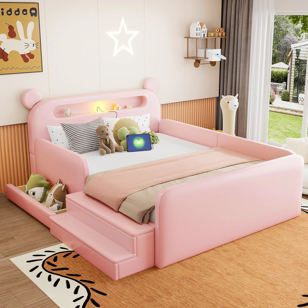 Letto imbottito per bambini 140x200 cm con testiera a orsetto; luce notturna USB e vano rosa