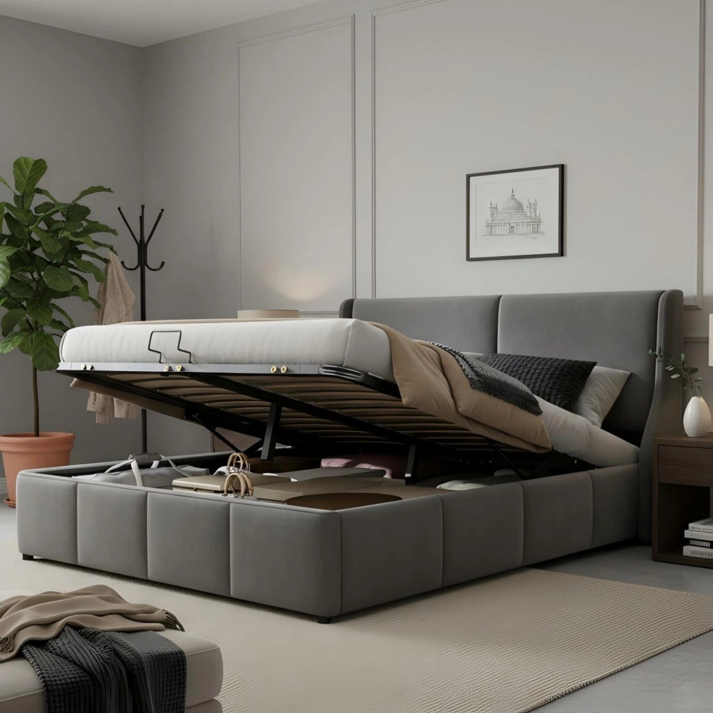 Letto contenitore 160 x 200 cm con rete a doghe, testiera a orecchie, velluto grigio, camera