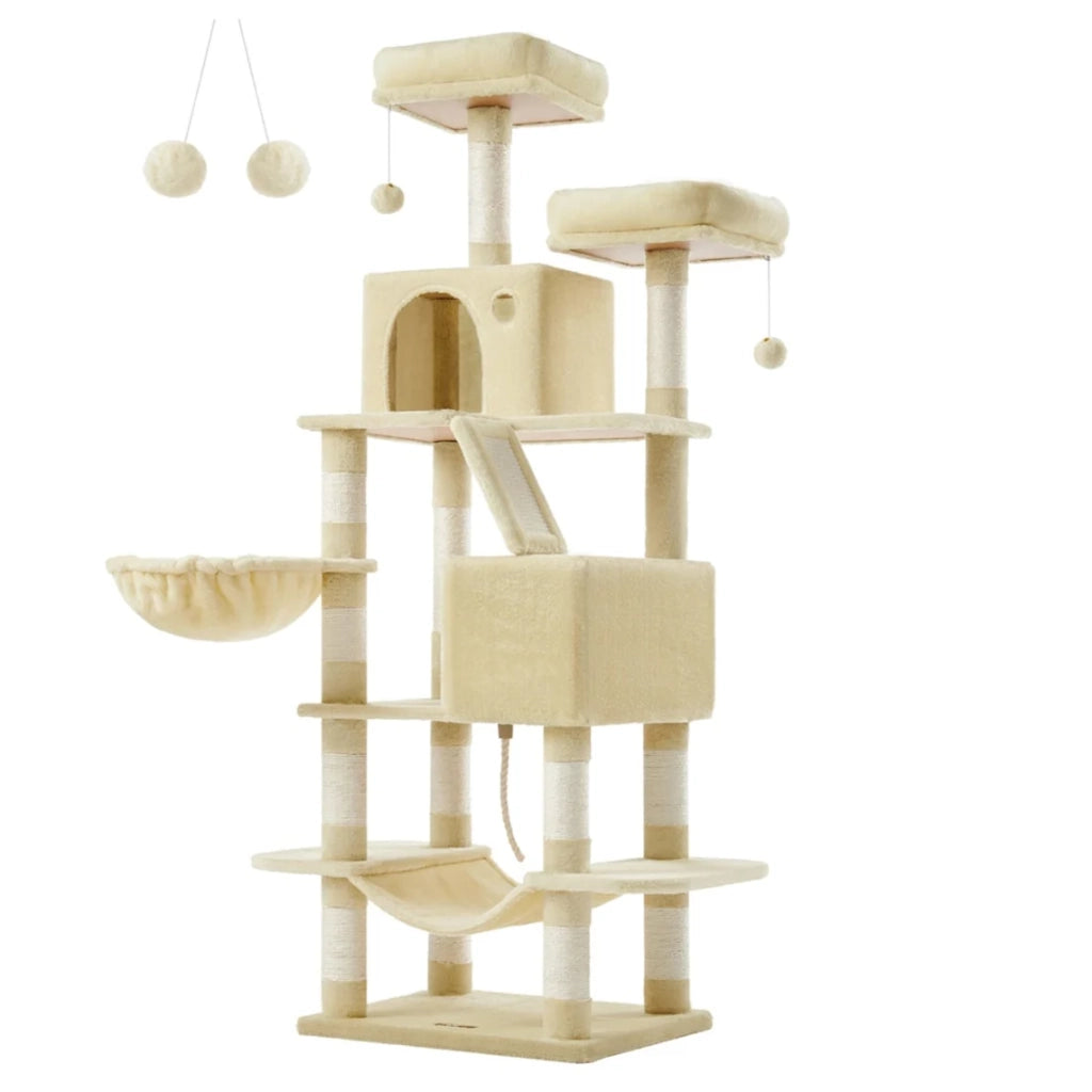 Albero per gatti grande torre gioco altezza 168 cm con 13 tiragraffi 1 tavoletta graffiante 2 piattaforme 2 nicchie cesta amaca pon pon tessuto peluche multilivello beige 12_0003841