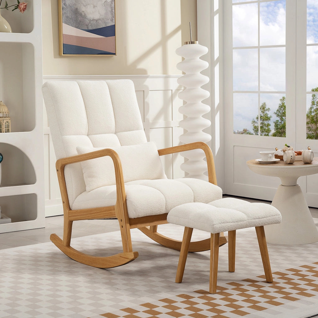 Poltrona a dondolo con poggiapiedi in tessuto bouclé bianco, sedia a dondolo con gambe in legno, 64,5 x 82 x 89 cm, per casa e relax