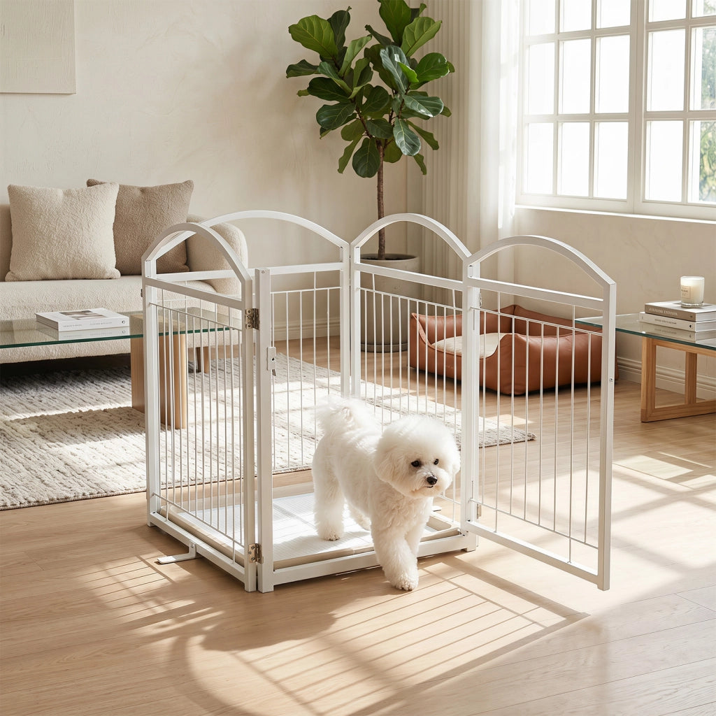 Recinto per cani da interno ed esterno con 4 pannelli cancelletto pieghevole in metallo, Recinzione per cani per soggiorno e giardino Bianco