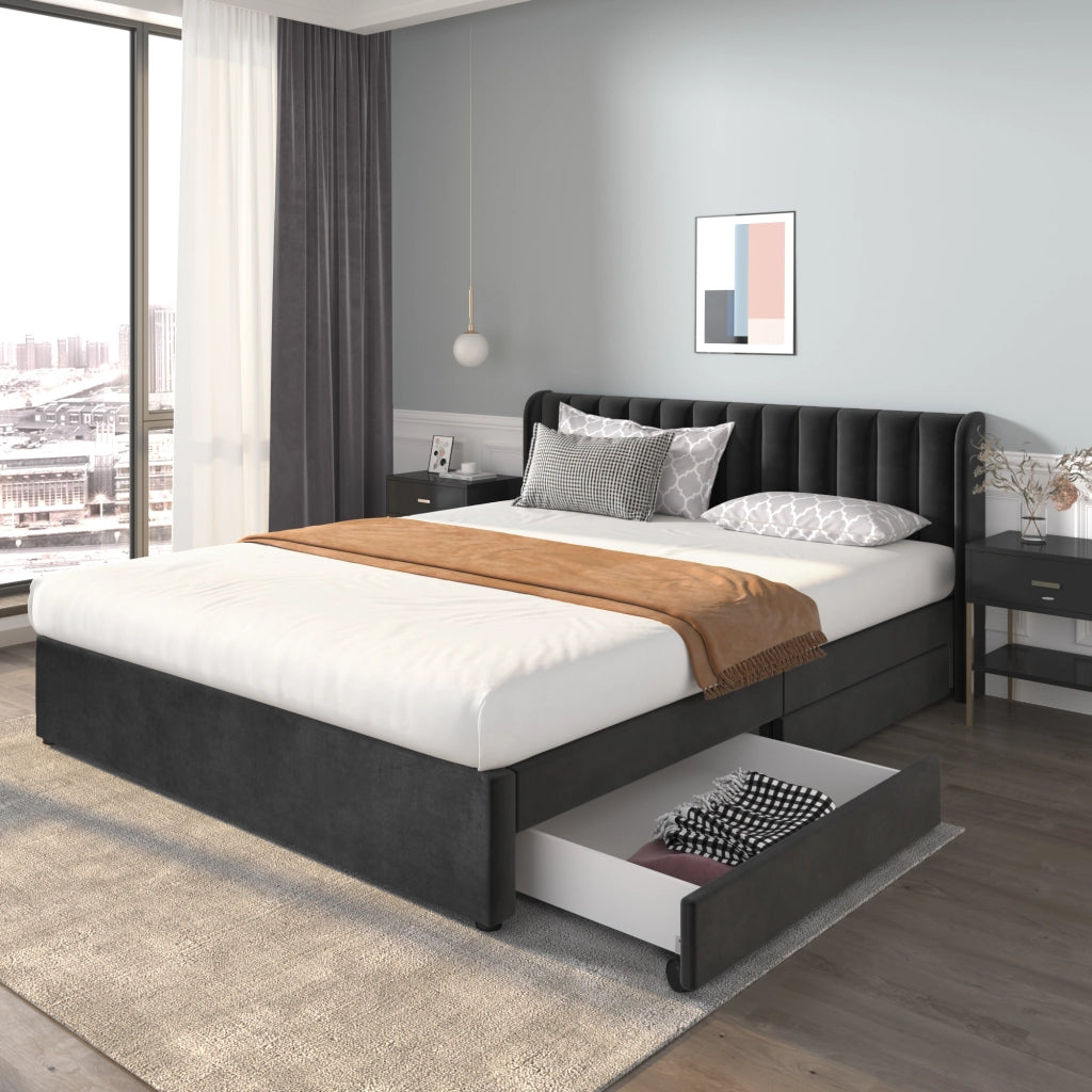 Letto contenitore 180x200 cm con cassetti in velluto nero