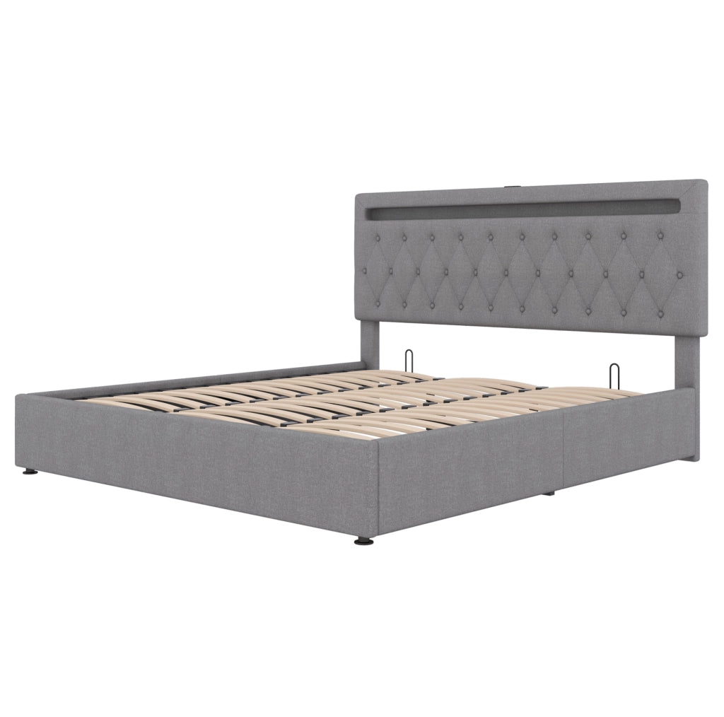 Letto imbottito 180x200 cm con contenitore, LED e porte USB