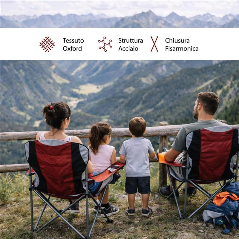 SET 2 SEDIE DA CAMPING IN TESSUTO ROSSO CON CHIUSURA A FISARMONICA POGGIOLI E PORTA BEVANDE  60X90X105 CM