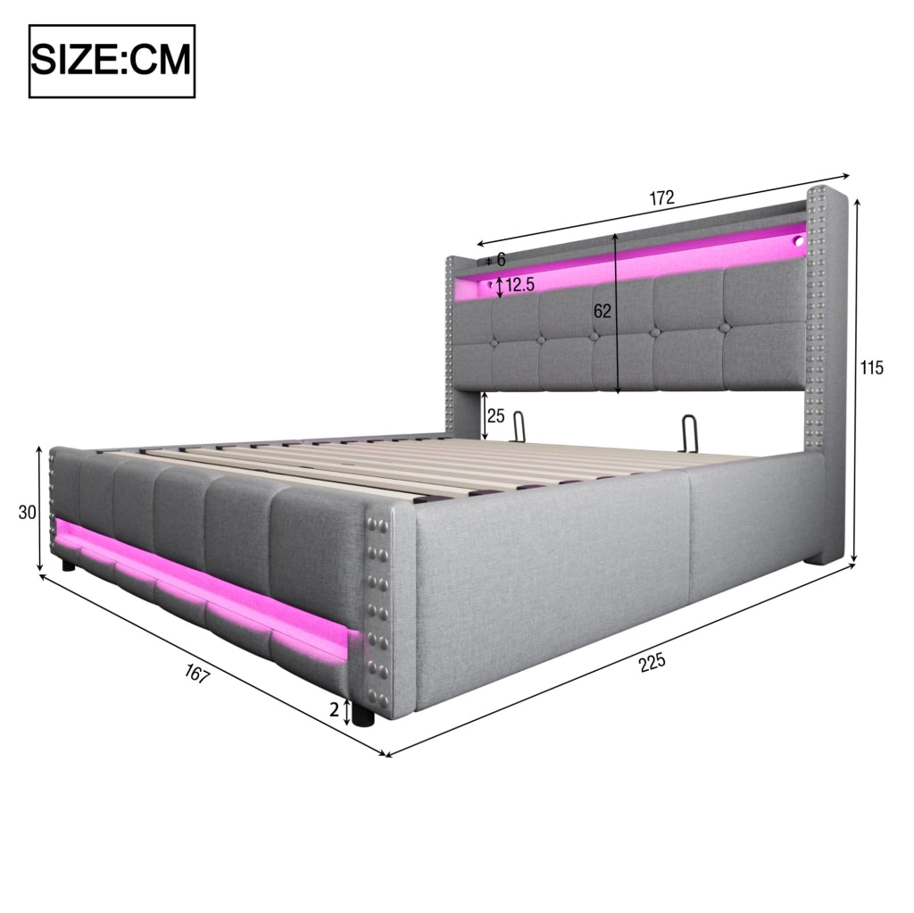 LETTO Imbottito 160x200 cm Grigio Chiaro con LED, USB e contenitore