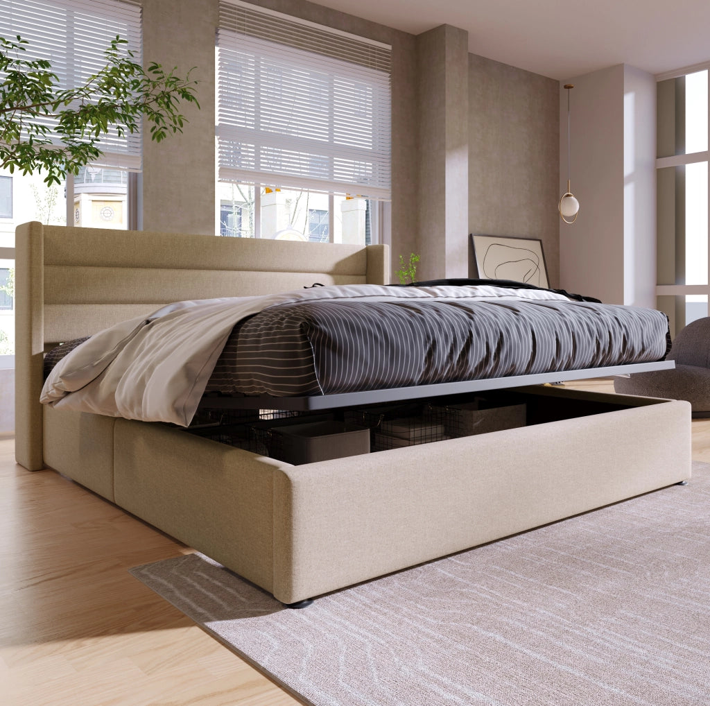 Letto imbottito con contenitore e rete sollevabile 140x200 cm; in lino beige