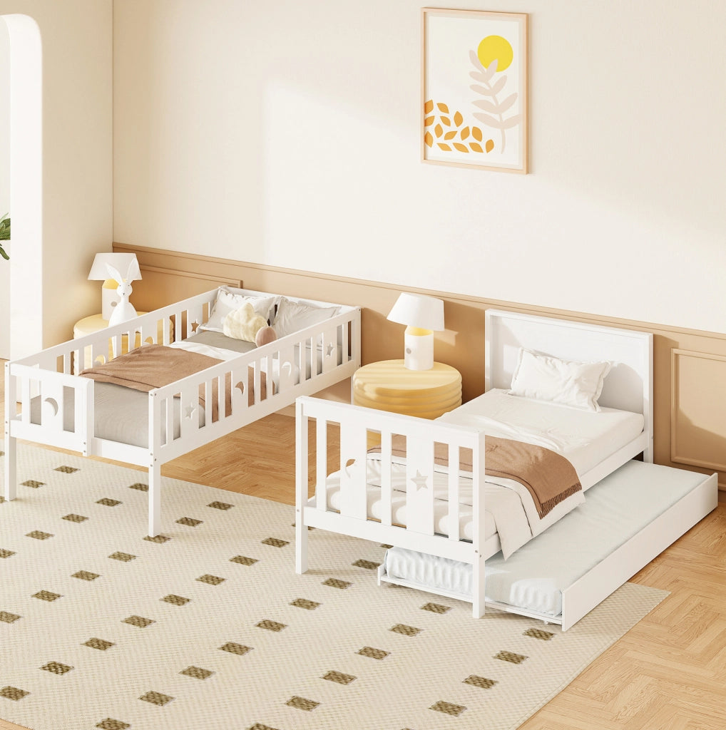 Letto a castello per bambini con letto estraibile e scala contenitore; 90x200 cm; bianco