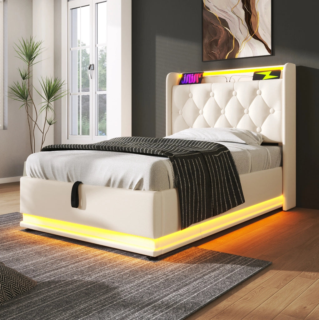 Letto imbottito singolo con LED 360°; USB e Type-C; contenitore idraulico; 90x200 cm; bianco PU