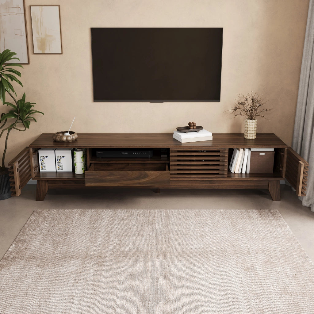 Mobile TV da 170 cm con frontali scanalati e 3 ante, MDF, noce