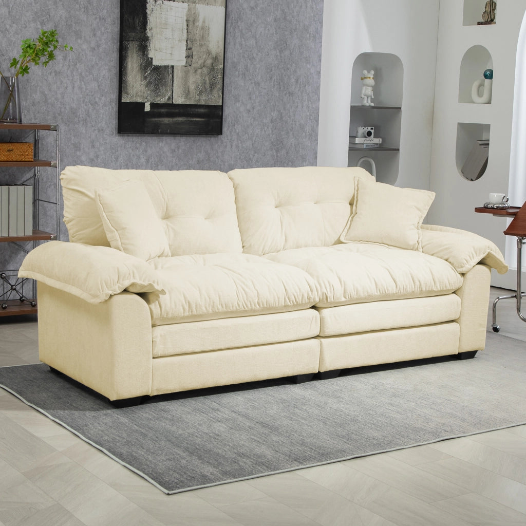 Divano dritto 2 pezzi con sedute profonde, cuscini e poltrona girevole, in tessuto chenille beige
