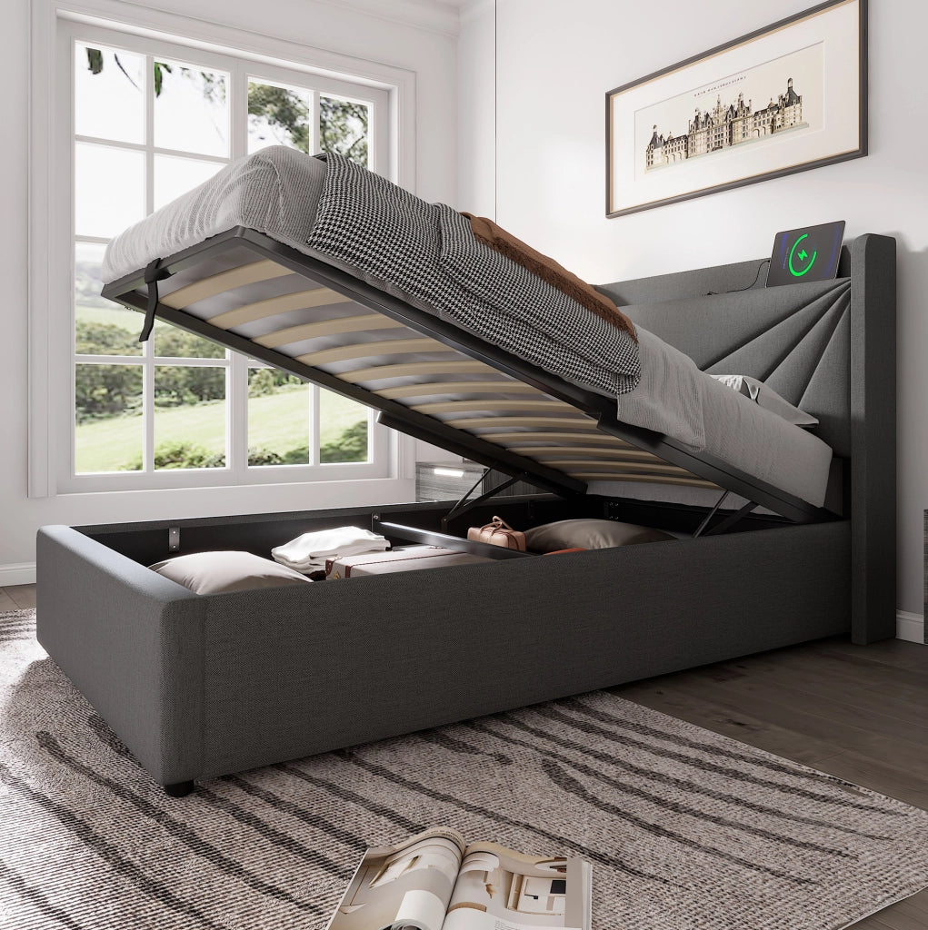 Letto singolo imbottito con contenitore 90x200 cm, USB e Type-C, grigio