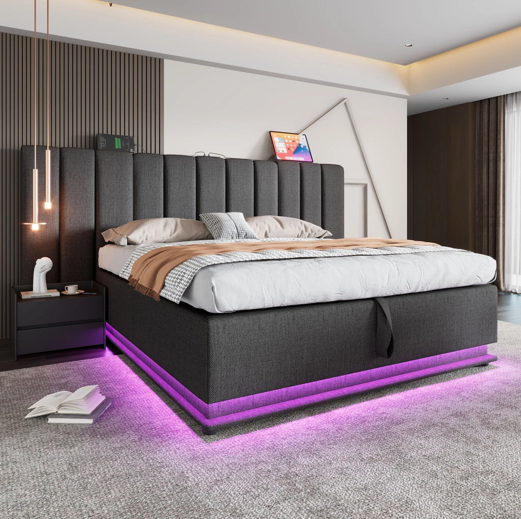 Letto contenitore 160x200 cm con LED 360°; USB e USB-C; lino grigio