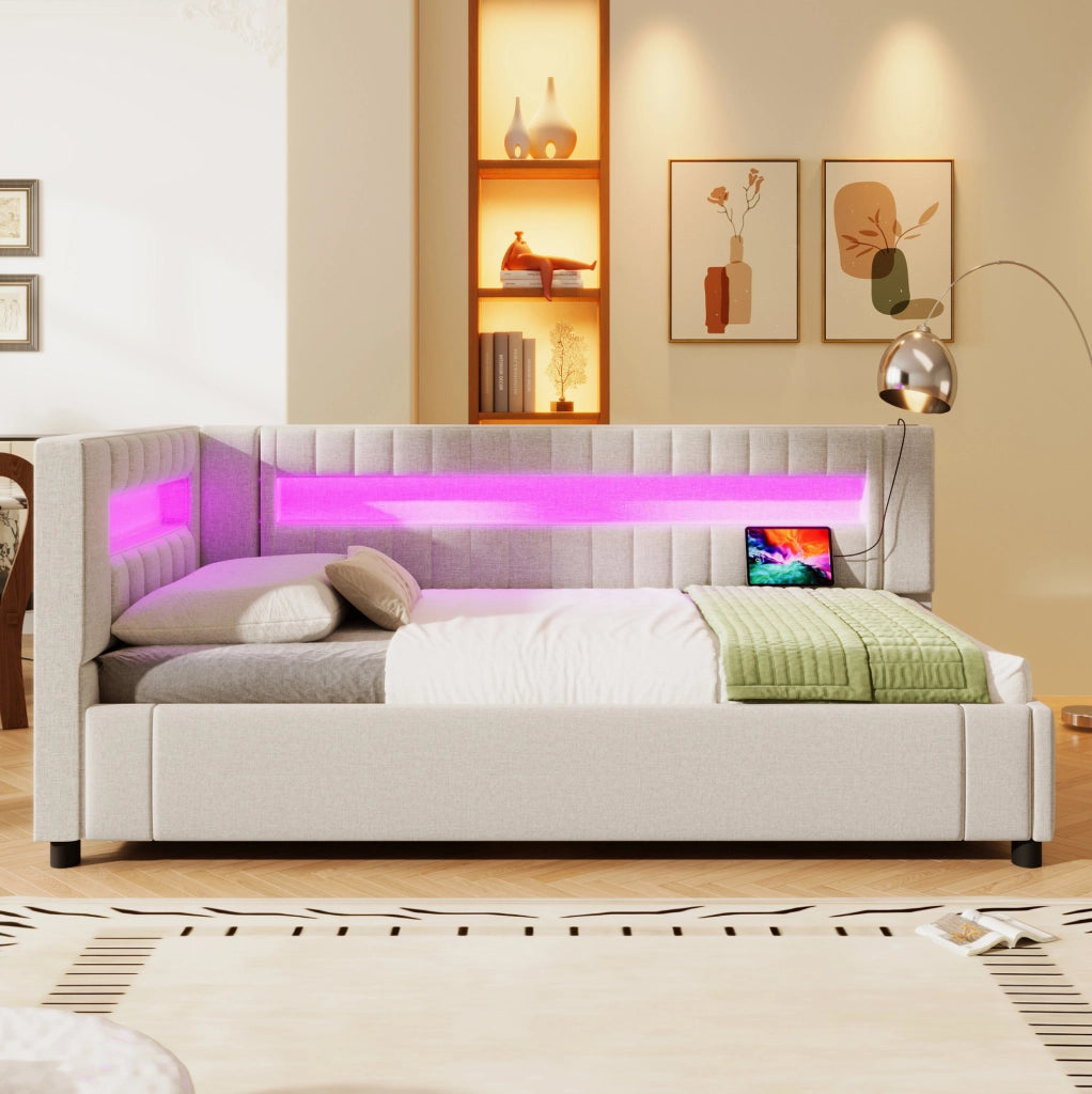 Letto da giorno beige 90x200 cm con vano idraulico, LED, USB e Type-C