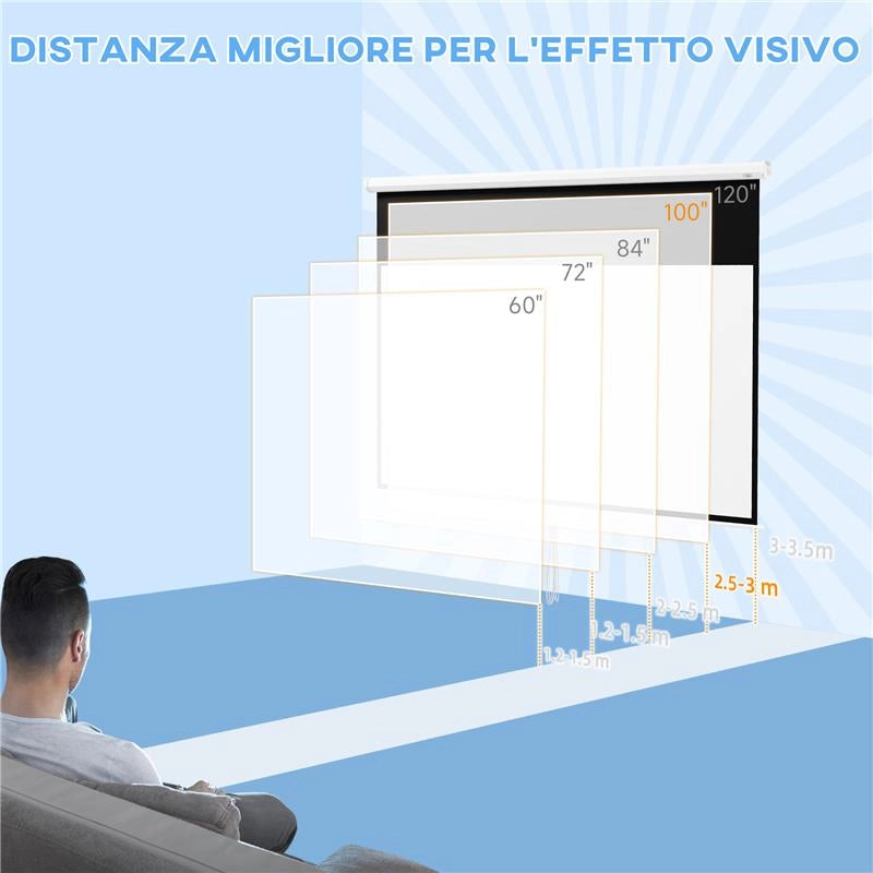 TELO PER PROIETTORE 100" RAPPORTO 16:9, FISSAGGIO A MURO E SOFFITTO PER CASA E UFFICIO, BIANCO