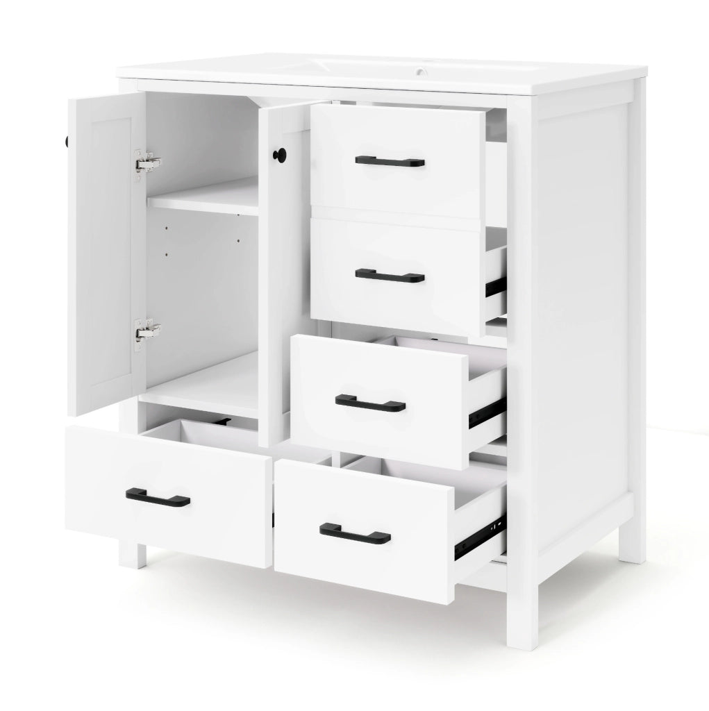 Mobile bagno bianco 76x46x82 cm in MDF con lavabo integrato in ceramica e ampi spazi contenitivi