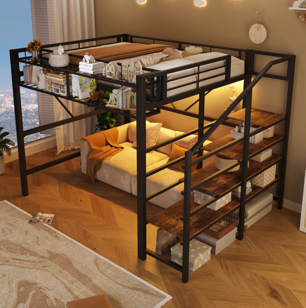 LETTO a soppalco 140x200 cm in metallo e MDF nero con scala e LED