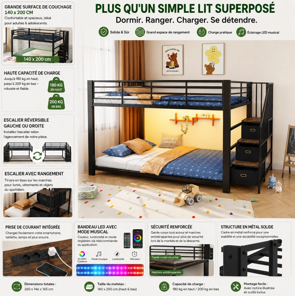 Letto a castello ULEVR 140x200 cm in metallo e MDF, scala reversibile con cassetti, LED, prese e USB, nero
