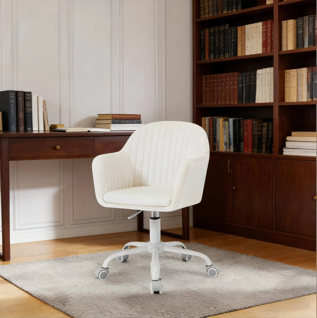 Sedia da ufficio ergonomica girevole con altezza regolabile, velluto crema bianco