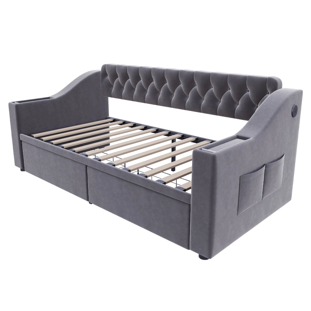 Divano letto singolo 90x190 cm in velluto grigio con cassetti e porte USB