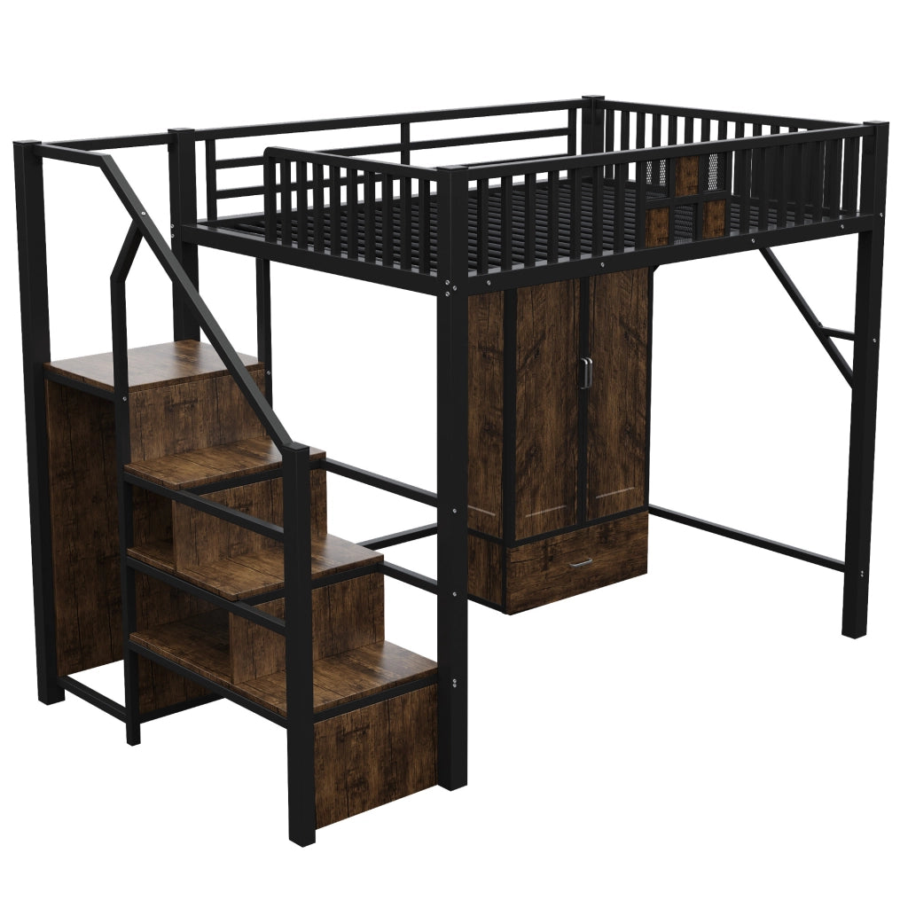 LETTO a soppalco 140 x 200 cm Nero in metallo e legno con armadio e scala