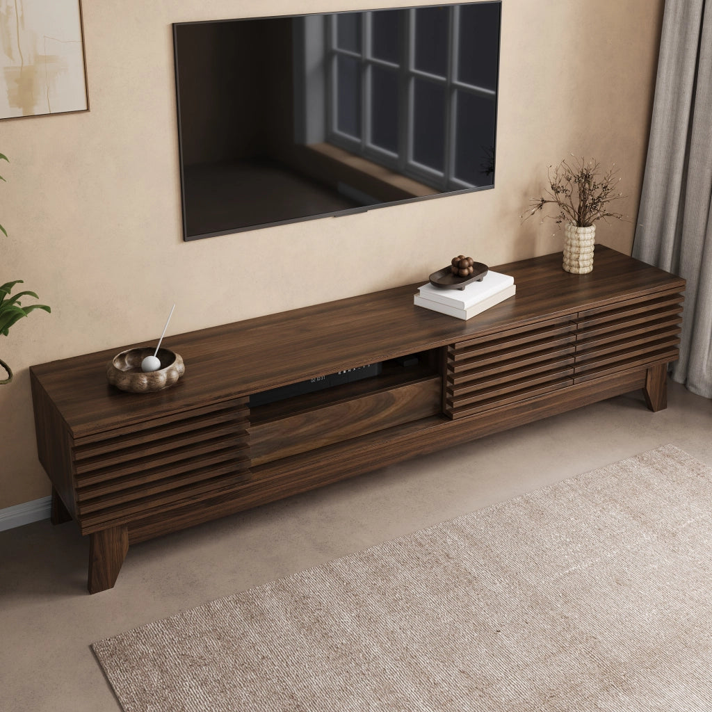 Mobile TV da 170 cm con frontali scanalati e 3 ante, MDF, noce
