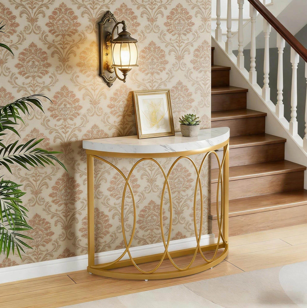 Tavolo consolle da ingresso semicircolare oro e bianco, 110 x 35 cm