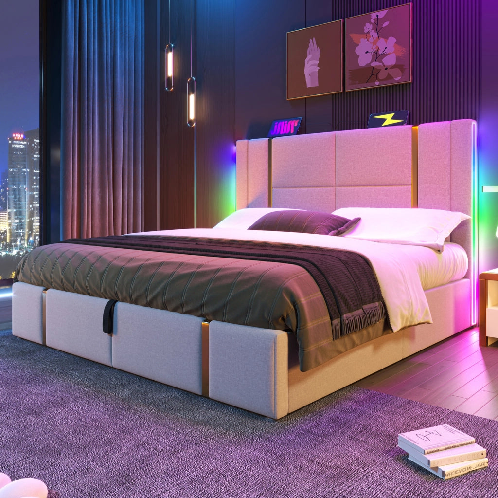 Letto imbottito matrimoniale 160x200 con LED RGB, USB e porta Type-C, contenitore sollevabile