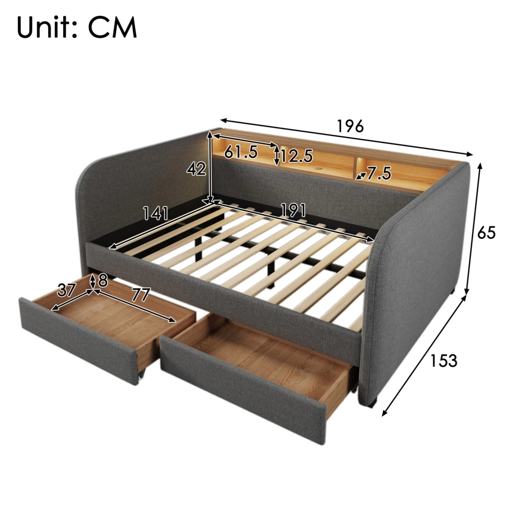 Letto imbottito 140x190 cm con LED, USB-C e 2 cassetti