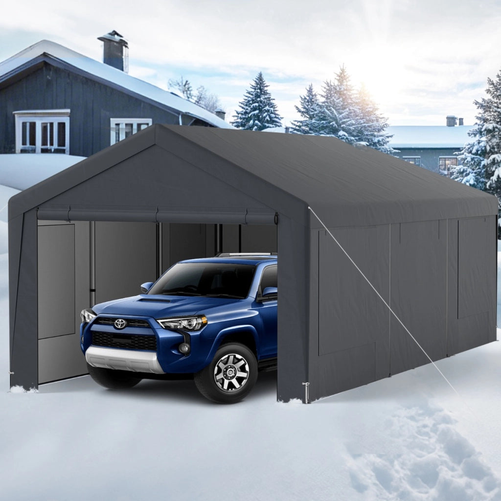 Carport auto per esterno 595x300cm con 8 pareti laterali rimovibili porte scorrevoli, Garage portatile per SUV Grigio scuro