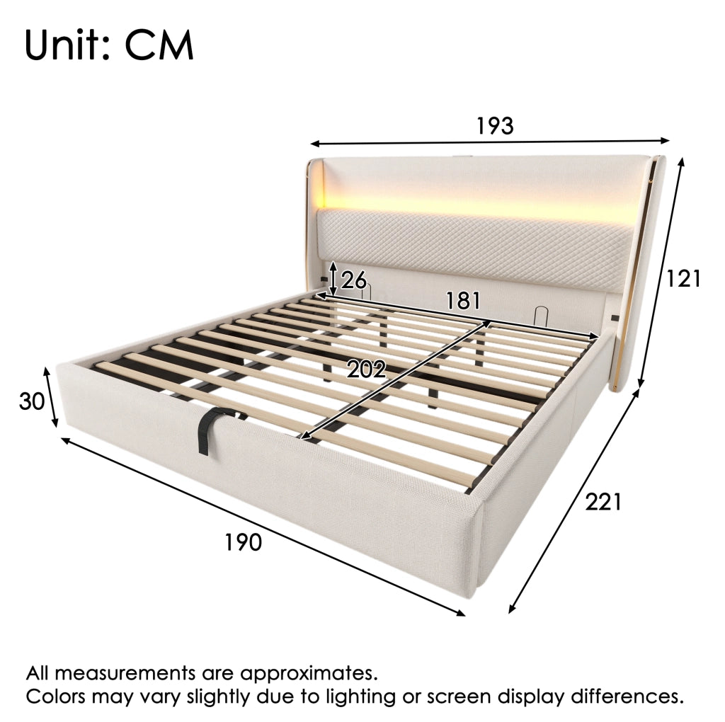 Letto matrimoniale 180x200 cm con LED, USB-C e contenitore beige