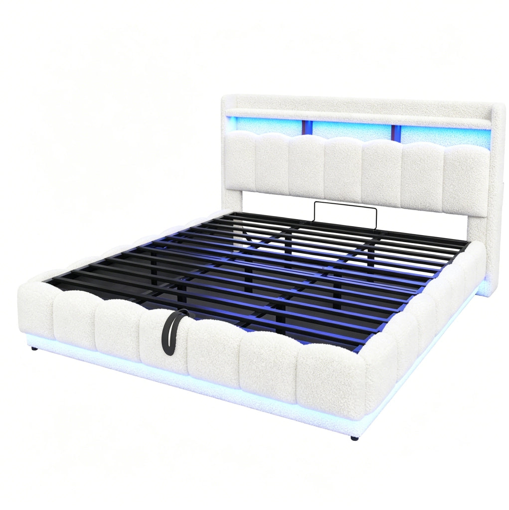 Letto imbottito 180x200 cm con contenitore idraulico, rivestimento in lana d'agnello bianco, luci LED integrate e porte USB, struttura in metallo