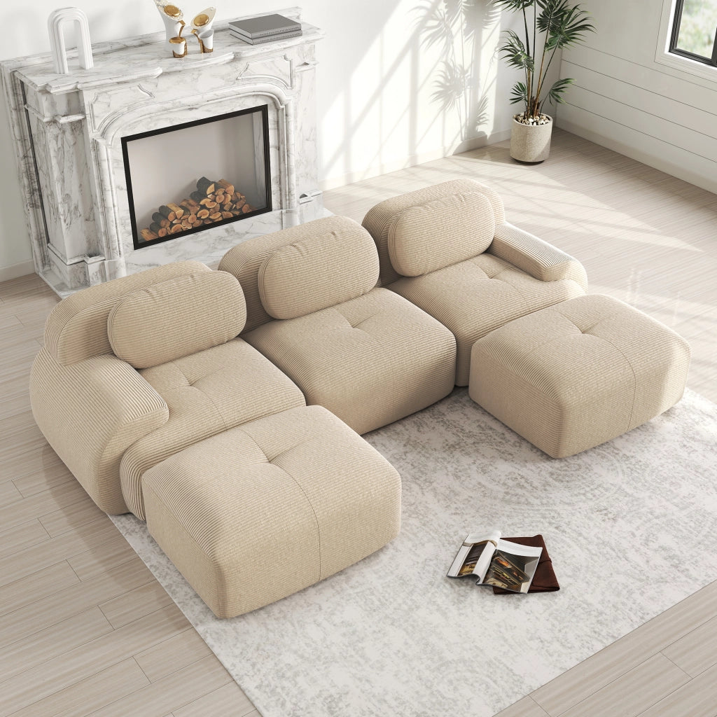 Divano Modulare a U in Velluto a Coste ¨C MINIMAL ¨C Beige, Braccioli Extra, Imbottito