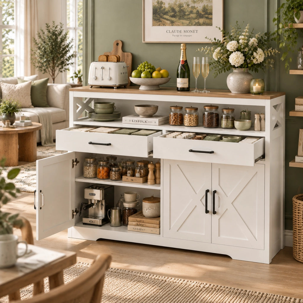 Credenza Cucina, Mobile Buffet con 2 Cassetti e 4 Ante, Ripiani Regolabili per Cucina, Soggiorno Camera da Letto, Bianco 140x40x105 cm