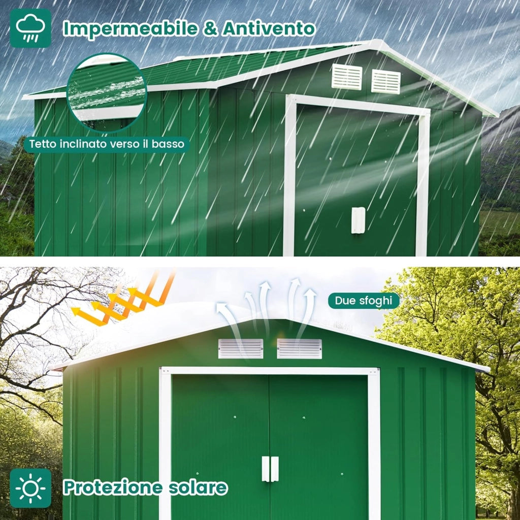 Casetta da Giardino in Acciaio 2,7㎡, con Base, Porte Scorrevoli, Maniglie, Sfoghi e Tettoia, Capanno da Esterno per Giardino, Fattoria e Cortile, 213 x 127 x 185 cm (Verde Scuro)