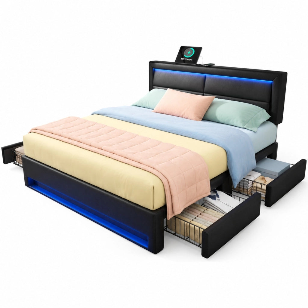 Letto imbottito 140x200 cm in PU nero con USB; LED e 4 cassetti