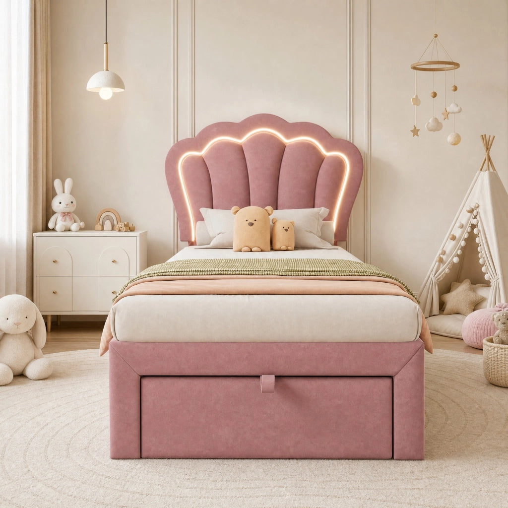 Letto singolo 90x190 cm rosa con LED RGB e cassetto estraibile